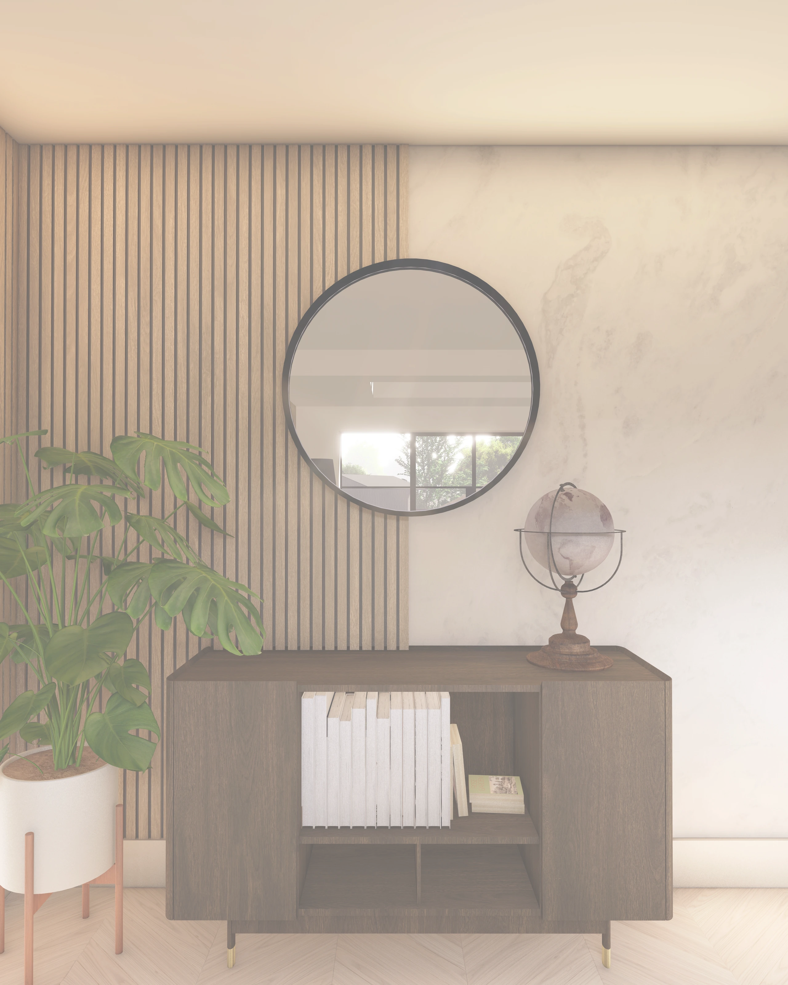 CGI of Home Interior Featuring Wooden Cabinet