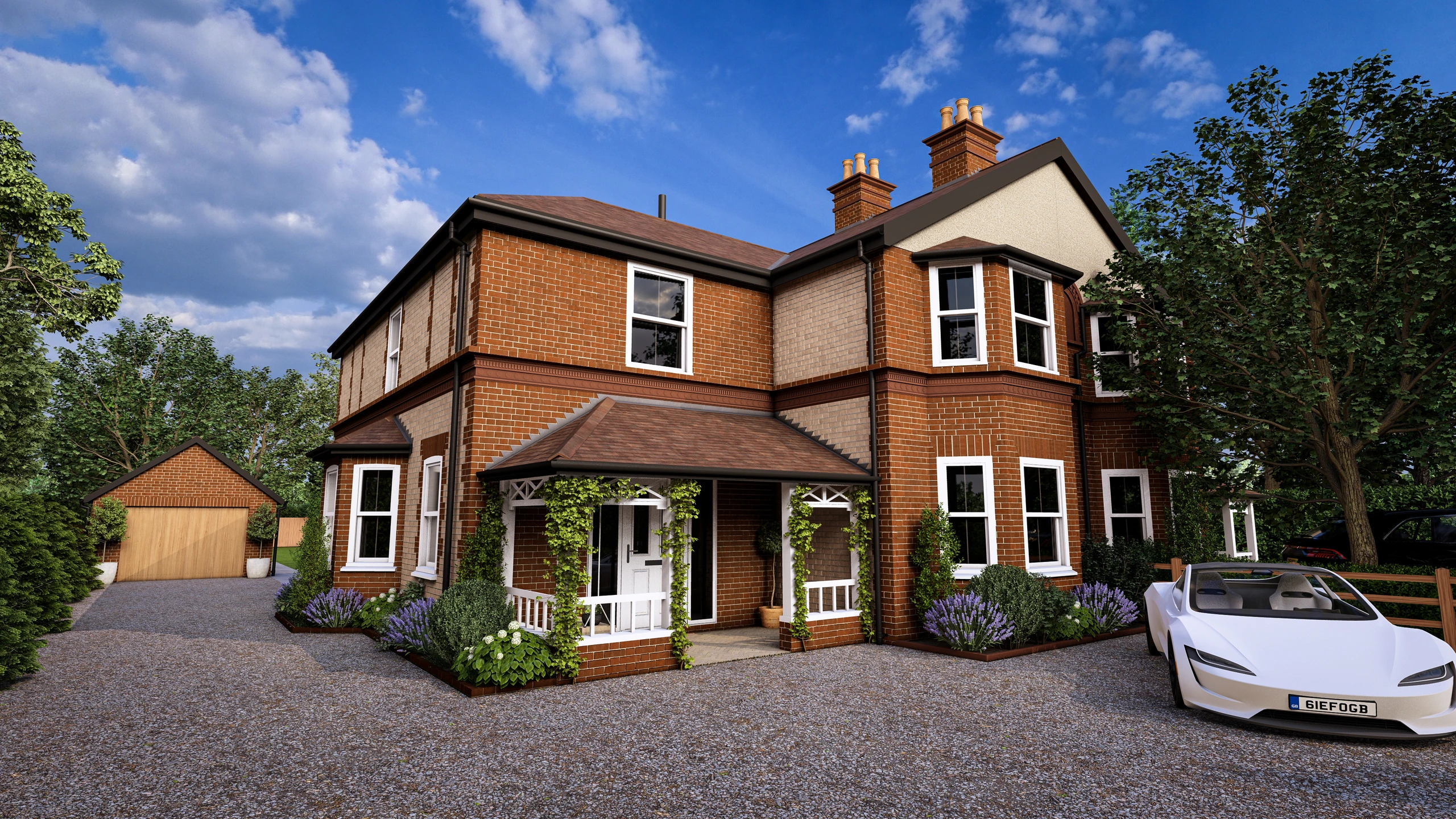 CGI of red brick cottage with brick detailing and sash windows